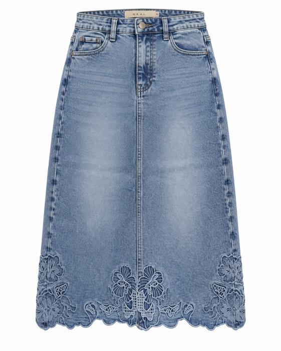 Floral Cutwork Denim Midi Skirt with Back Slit