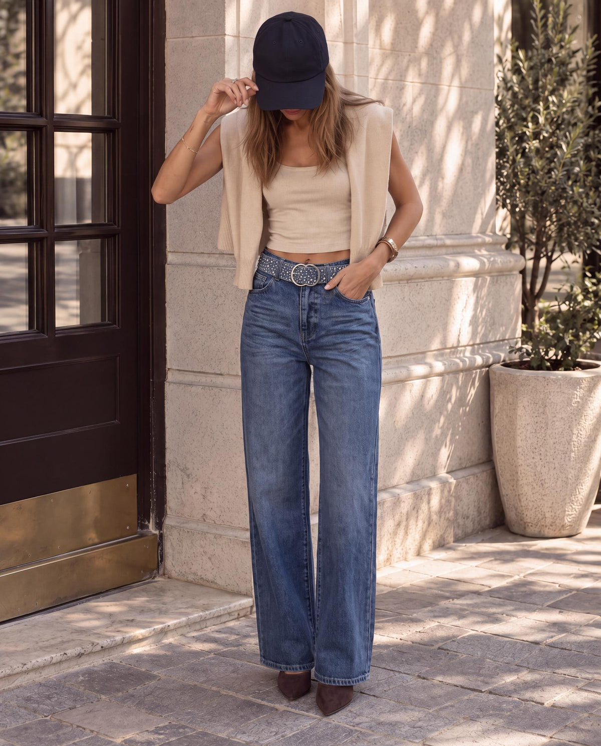 Wide Leg Jeans with Rhinestone Embellished Belt