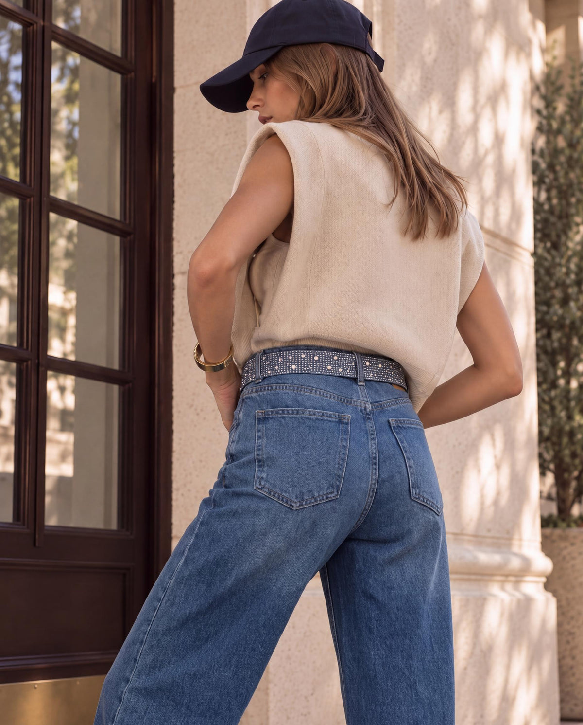 Wide Leg Jeans with Rhinestone Embellished Belt
