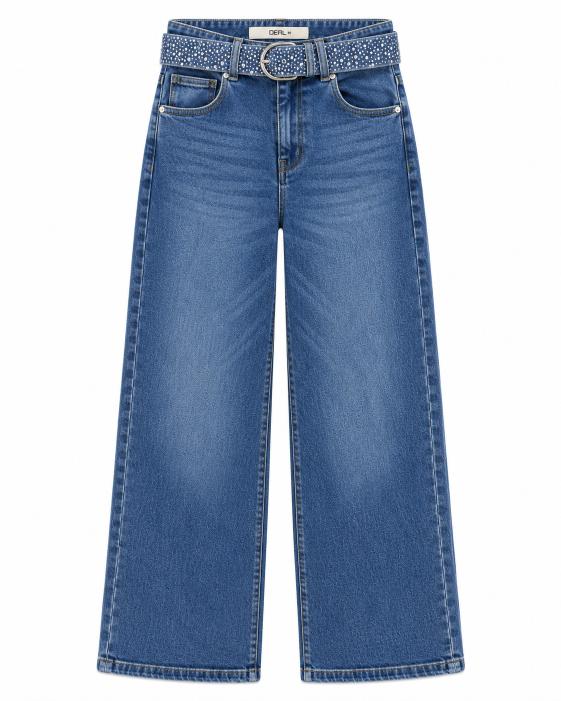 Wide Leg Jeans with Rhinestone Embellished Belt