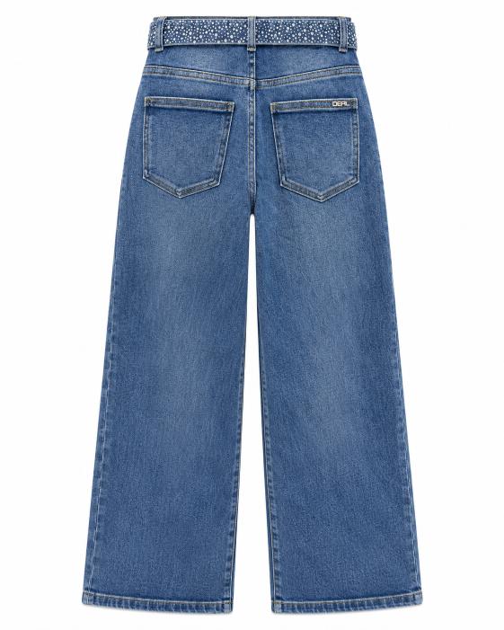 Wide Leg Jeans with Rhinestone Embellished Belt