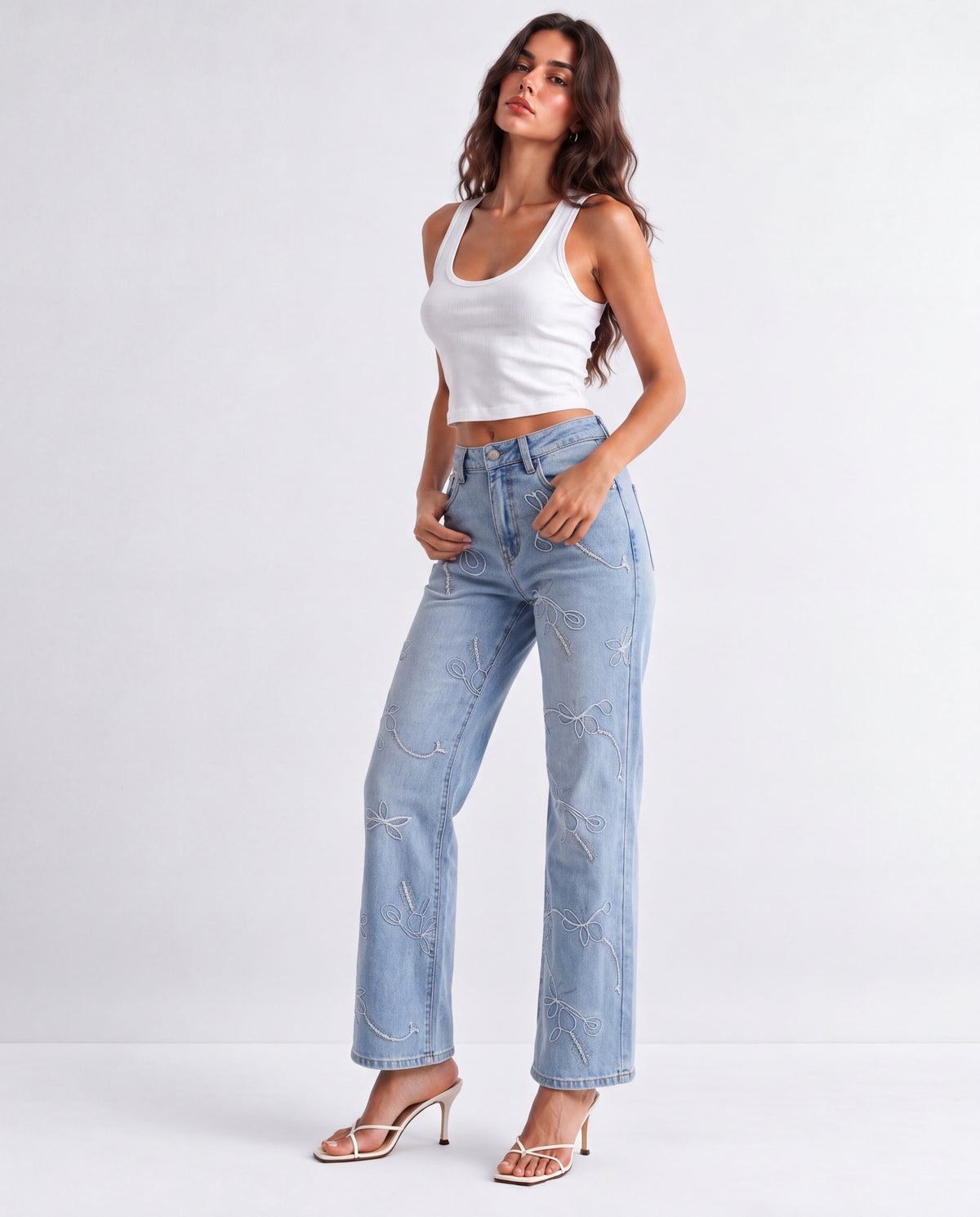 High Rise Straight Leg  Jeans with Floral Cord Embroidery