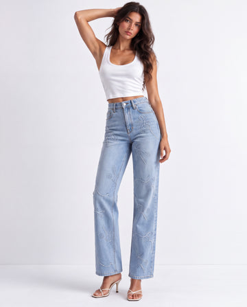High Rise Straight Leg  Jeans with Floral Cord Embroidery
