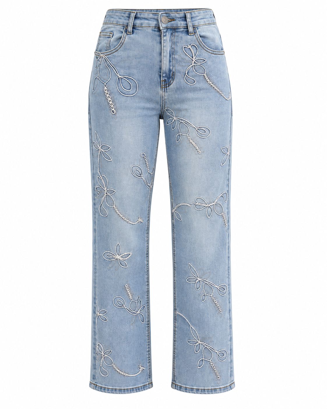 High Rise Straight Leg  Jeans with Floral Cord Embroidery