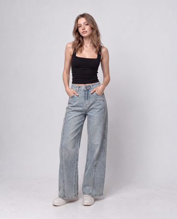 Sparkle Seam Detail High Rise Wide Leg Jeans