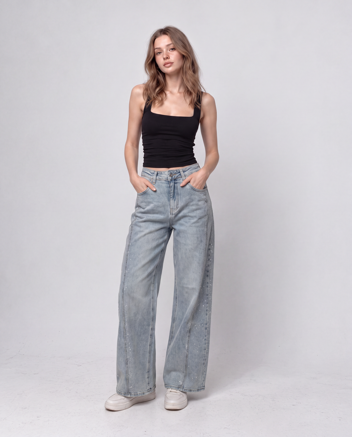 Sparkle Seam Detail High Rise Wide Leg Jeans
