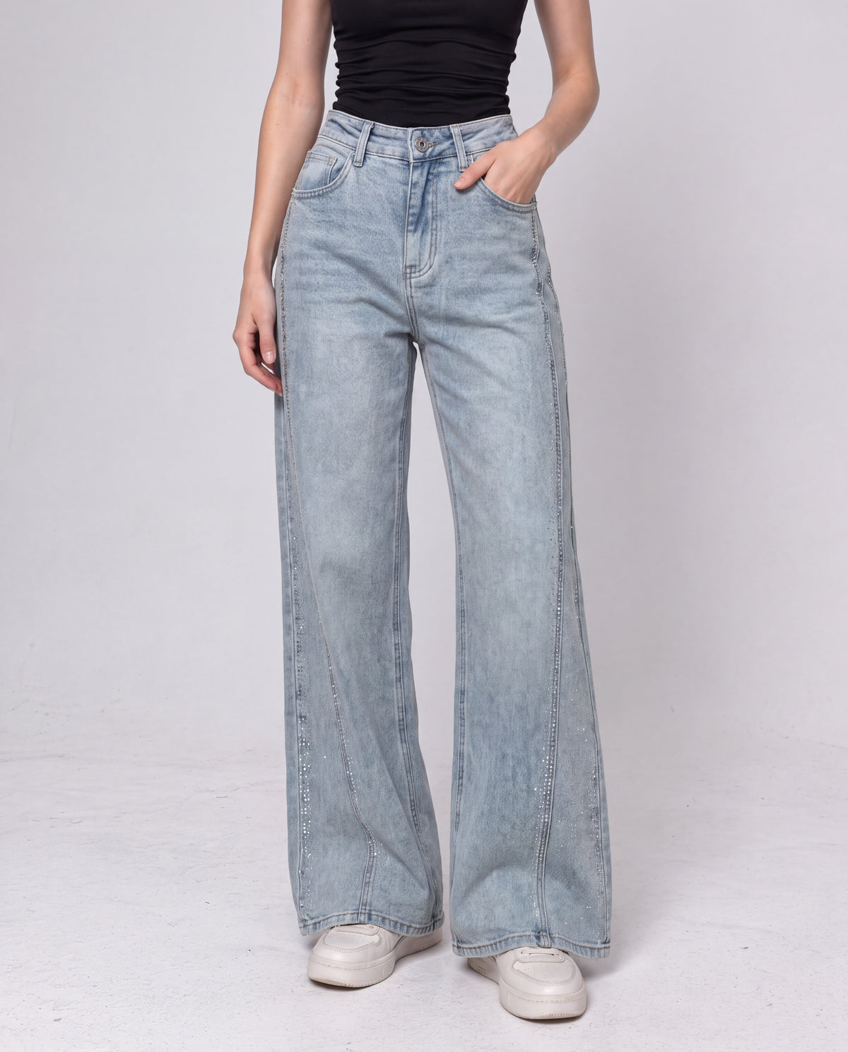 Sparkle Seam Detail High Rise Wide Leg Jeans