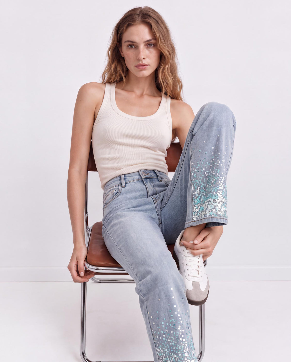 Sequin Hem Embellished Wide Leg Jeans