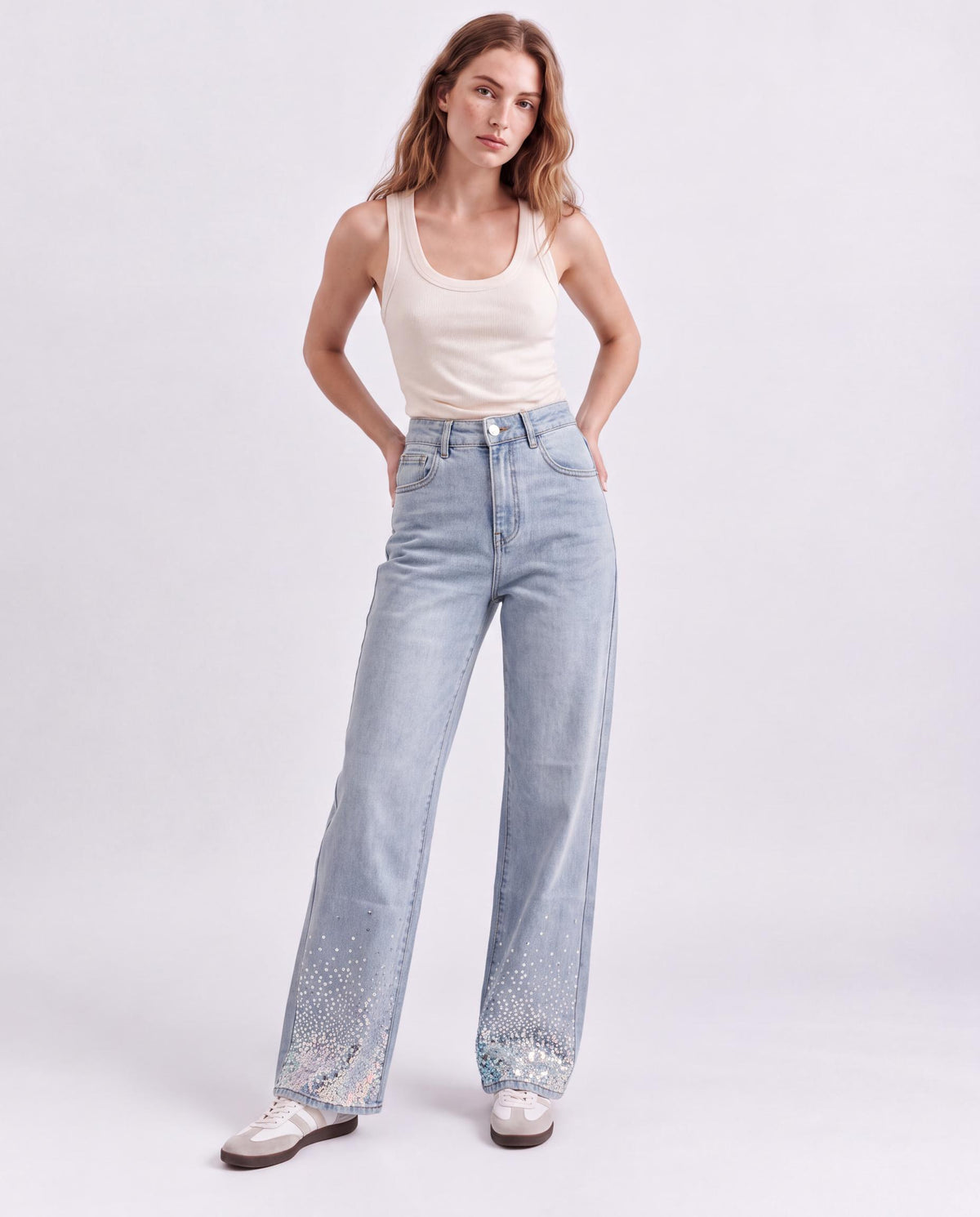 Sequin Hem Embellished Wide Leg Jeans