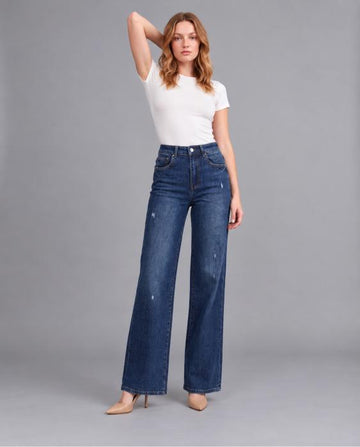 Rhinestone Studded Distressed Wide Leg Jeans