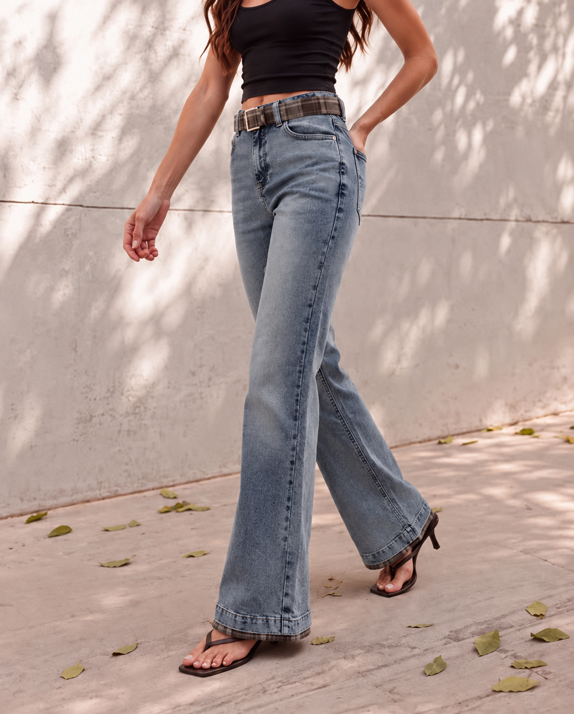 High-Rise Flare Jeans with Plaid Check Trim