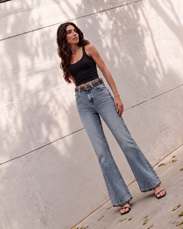 High-Rise Flare Jeans with Plaid Check Trim