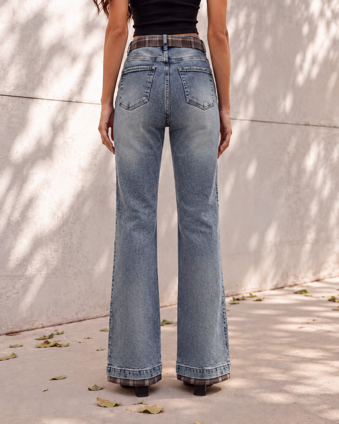High-Rise Flare Jeans with Plaid Check Trim