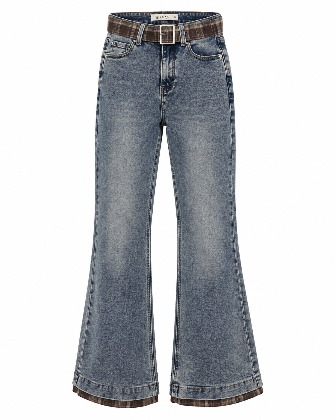 High-Rise Flare Jeans with Plaid Check Trim