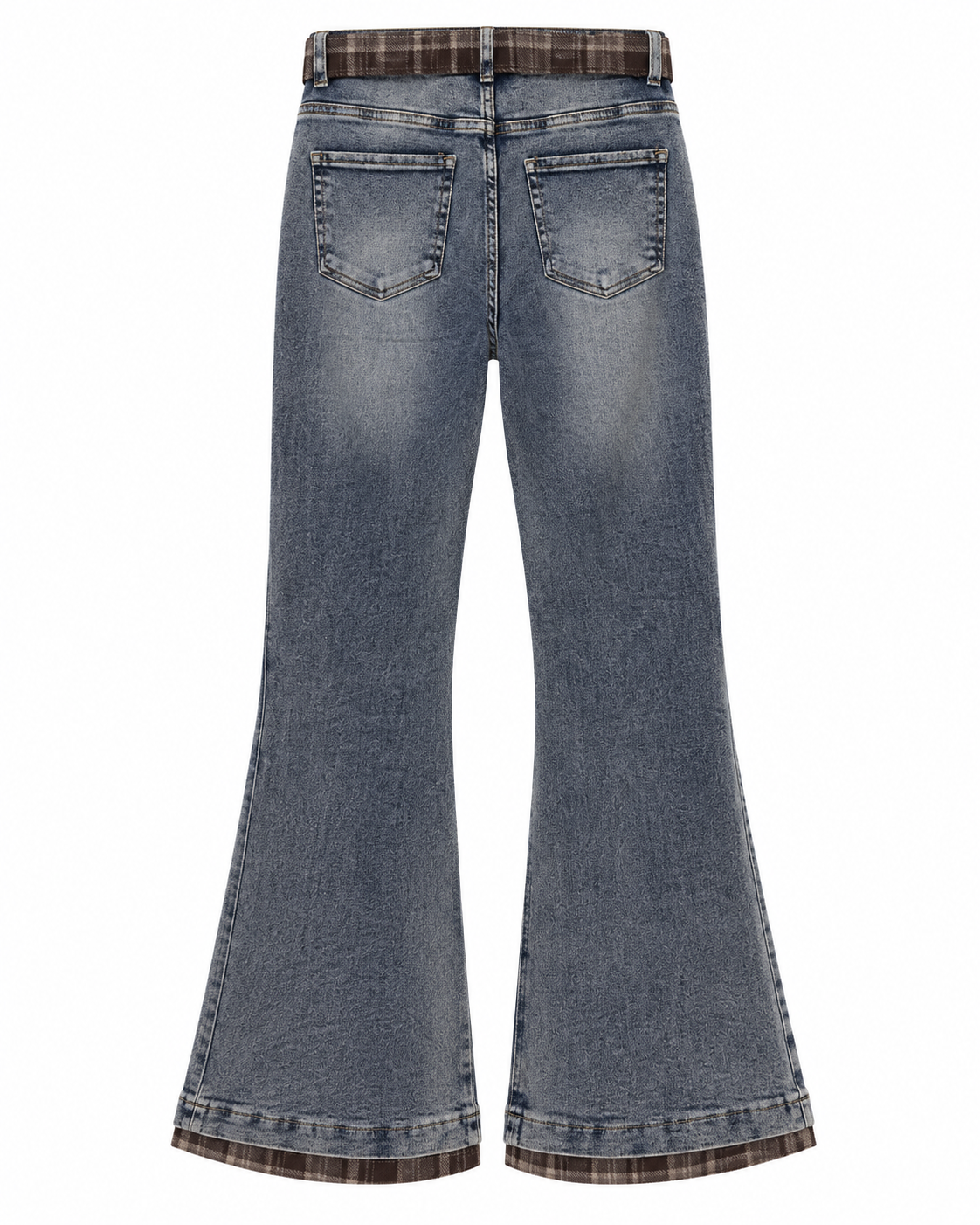 High-Rise Flare Jeans with Plaid Check Trim