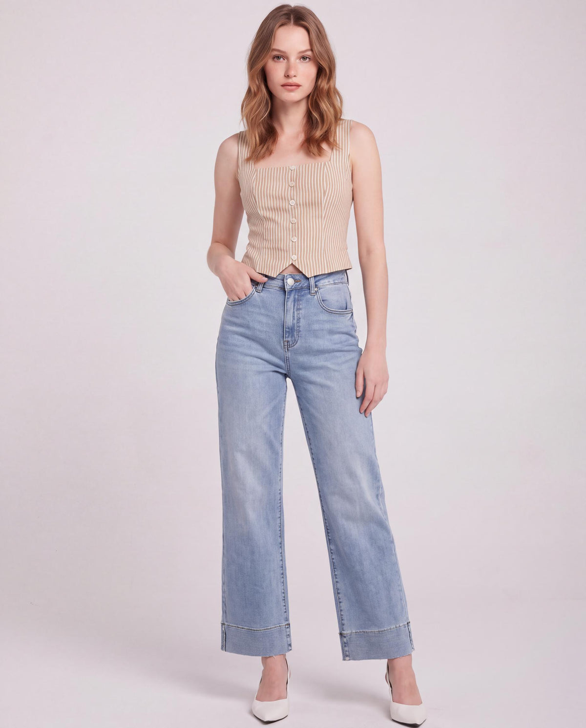 High Rise Wide Leg Jeans with Turn Up Cuff Hem
