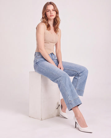 High Rise Wide Leg Jeans with Turn Up Cuff Hem
