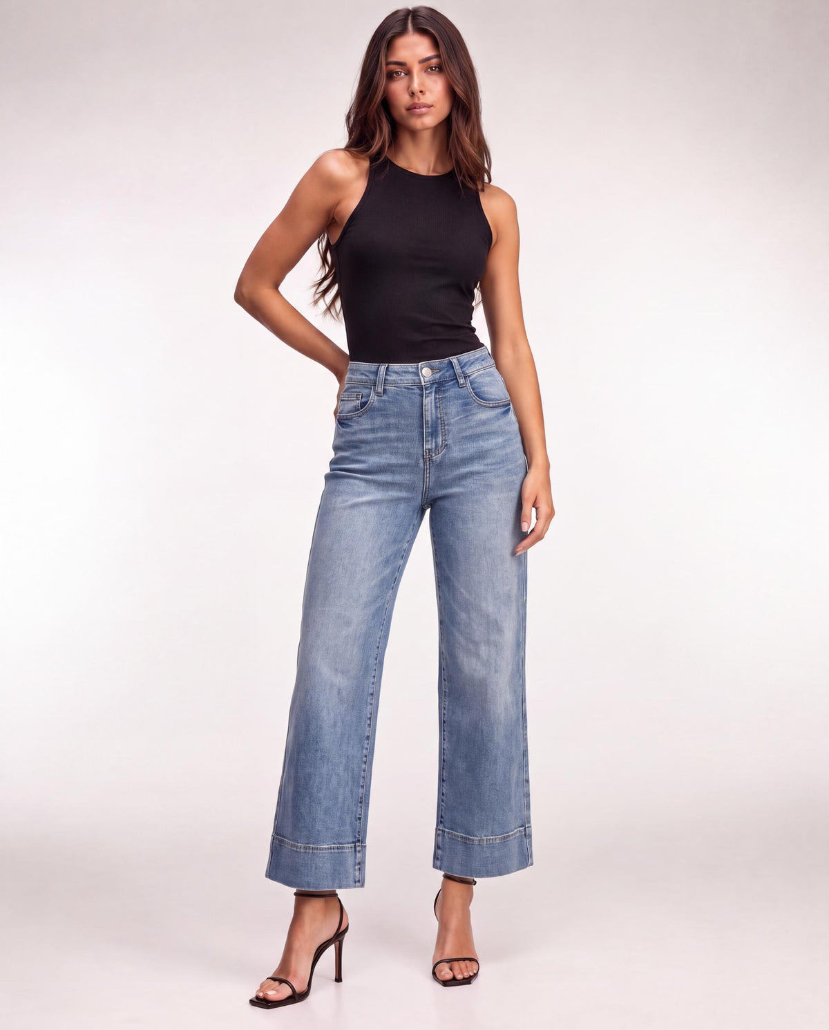 Cropped Dark Blue Jeans with Cuffed Hem
