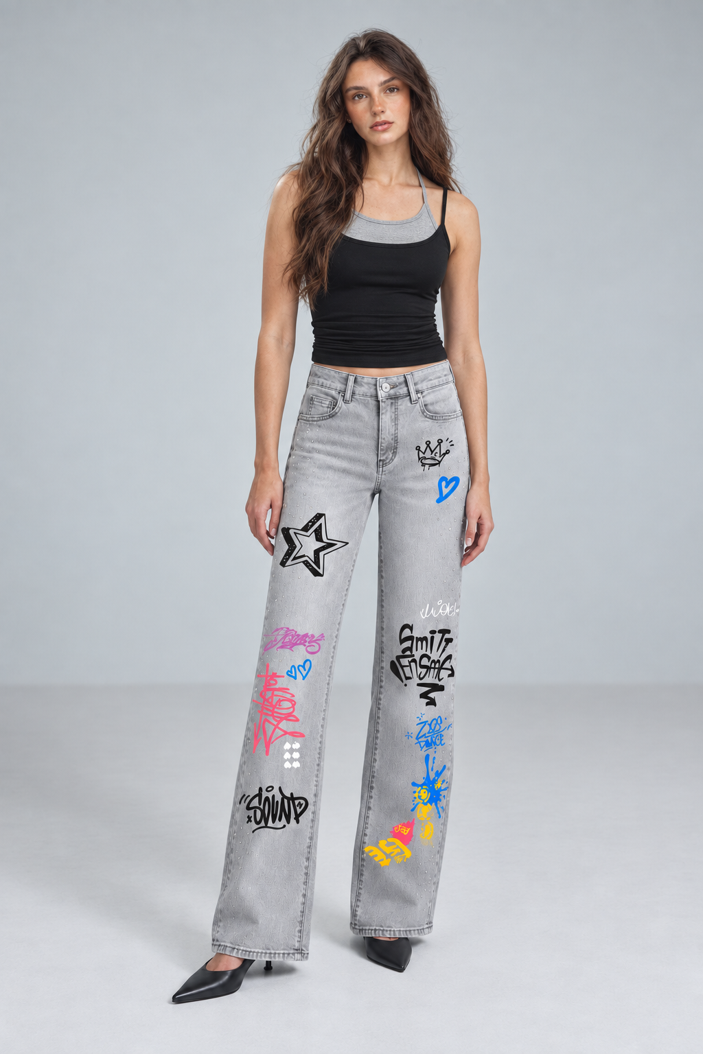 Women's Grey Graffiti Print Straight Fit Jeans with Rhinestone Studs