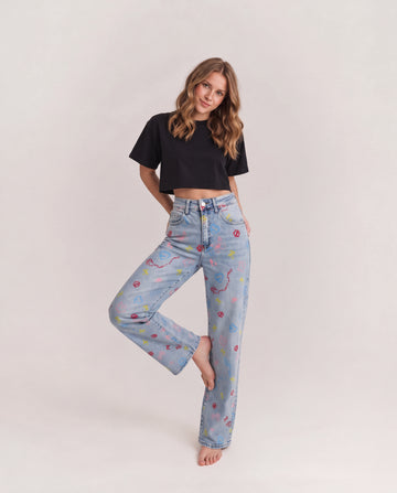 All Over Doodle Print Straight Leg Jeans