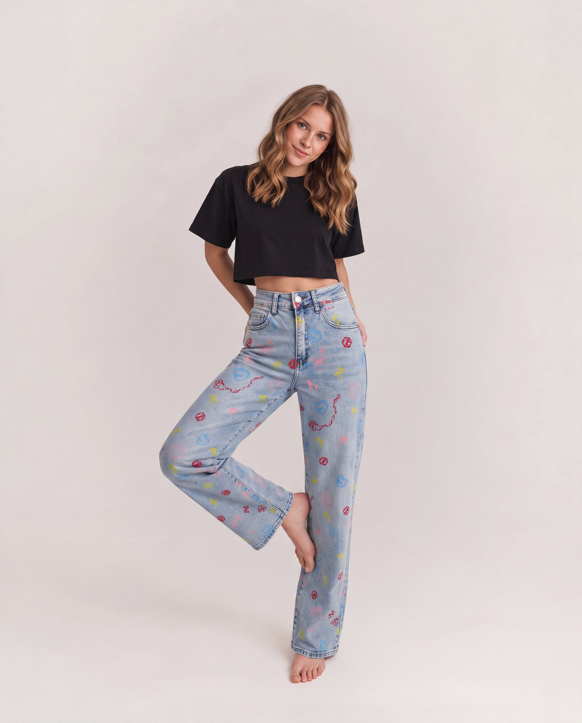 All Over Doodle Print Straight Leg Jeans