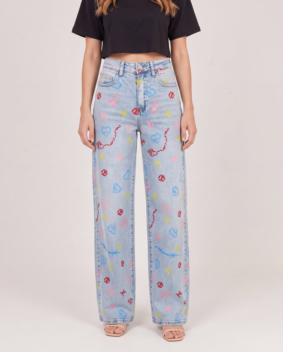 All Over Doodle Print Straight Leg Jeans
