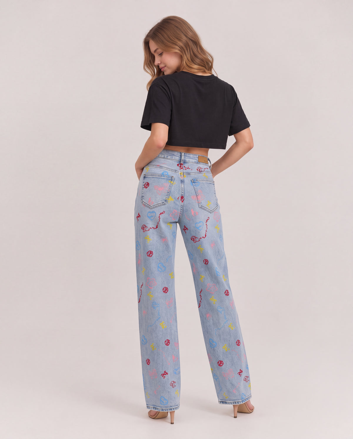 All Over Doodle Print Straight Leg Jeans