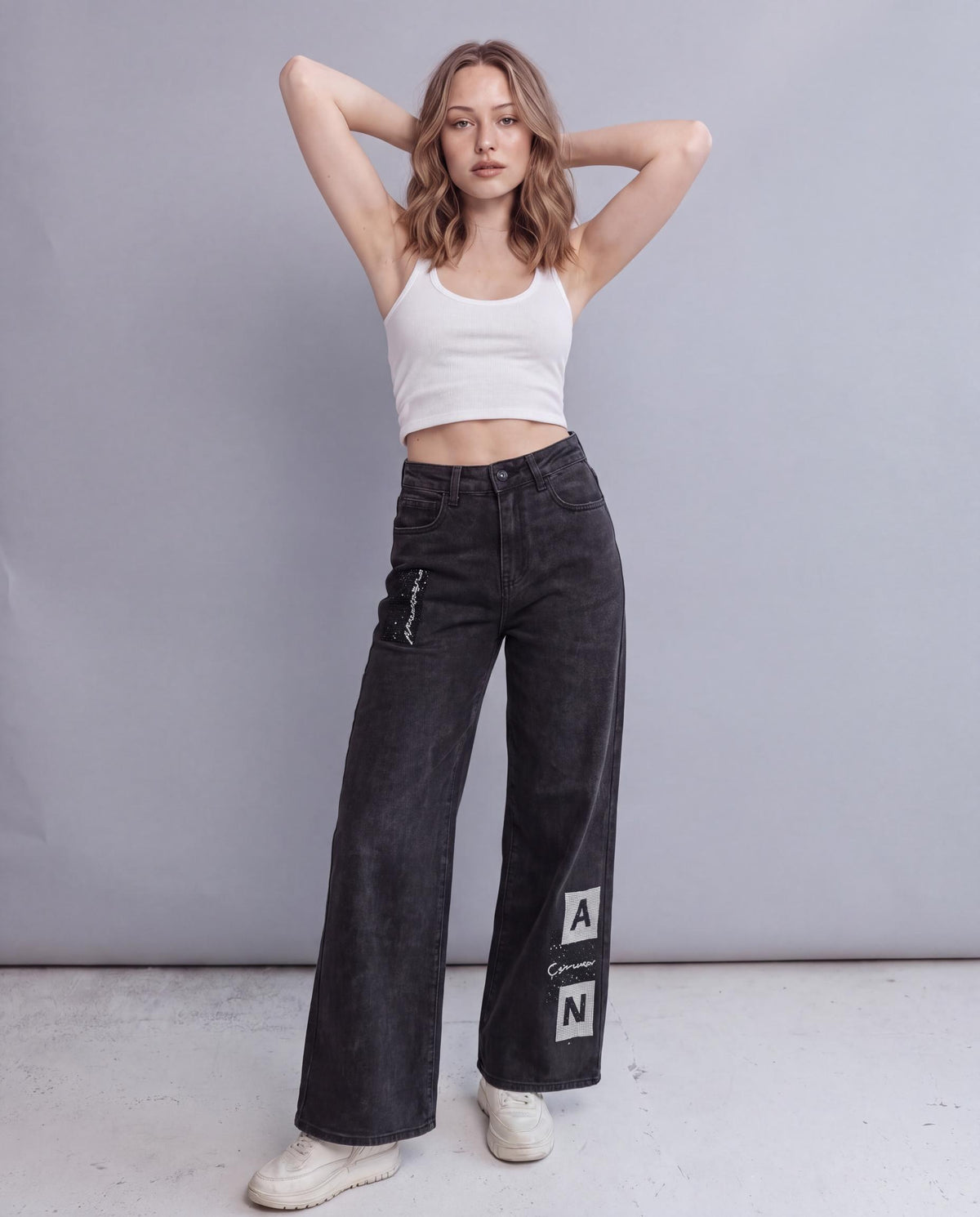 Graphic Patch Embellished Wide Leg Jeans
