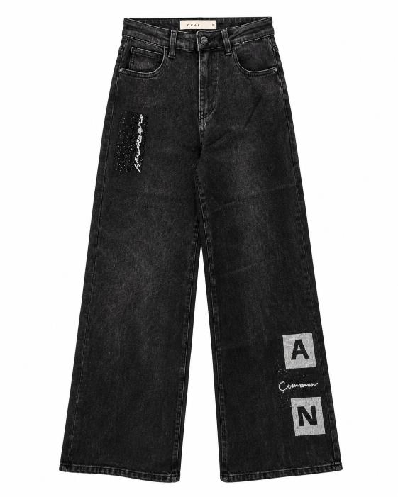Graphic Patch Embellished Wide Leg Jeans