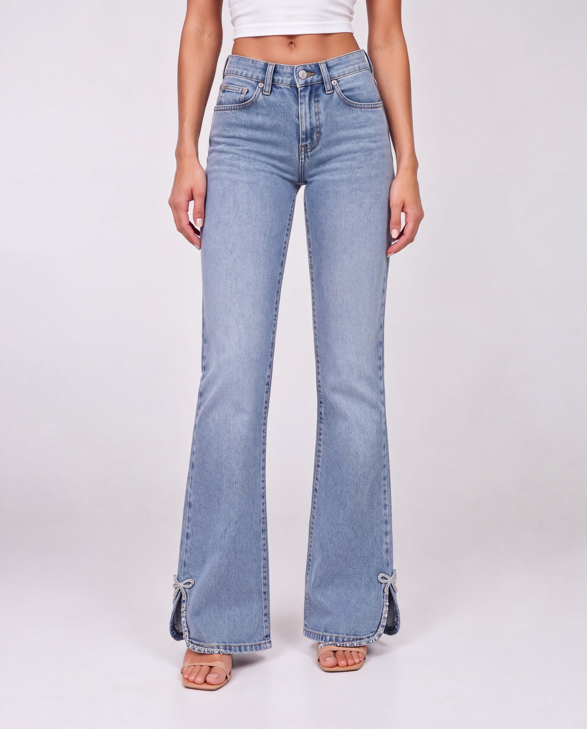 Bow Embellished Side Slit Flared Jeans