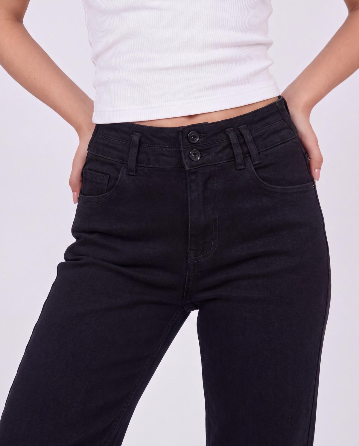 Double Button High Rise Straight Leg Jeans