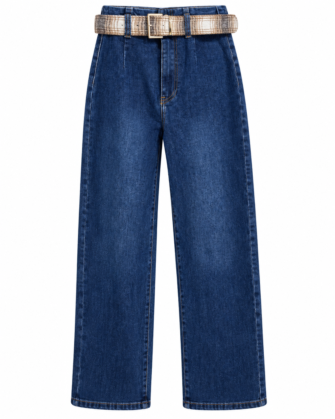Pleated Wide Leg Dark Blue Jeans with Checked Belt
