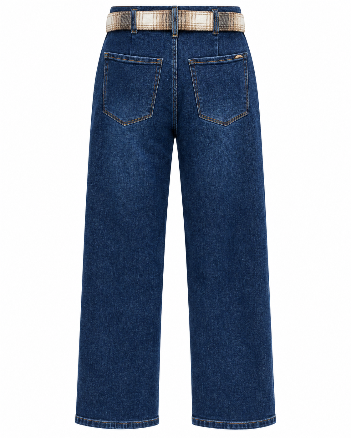 Pleated Wide Leg Dark Blue Jeans with Checked Belt