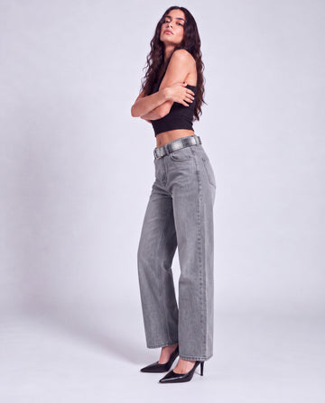 Check Belt Pleated Front Wide Leg Jeans