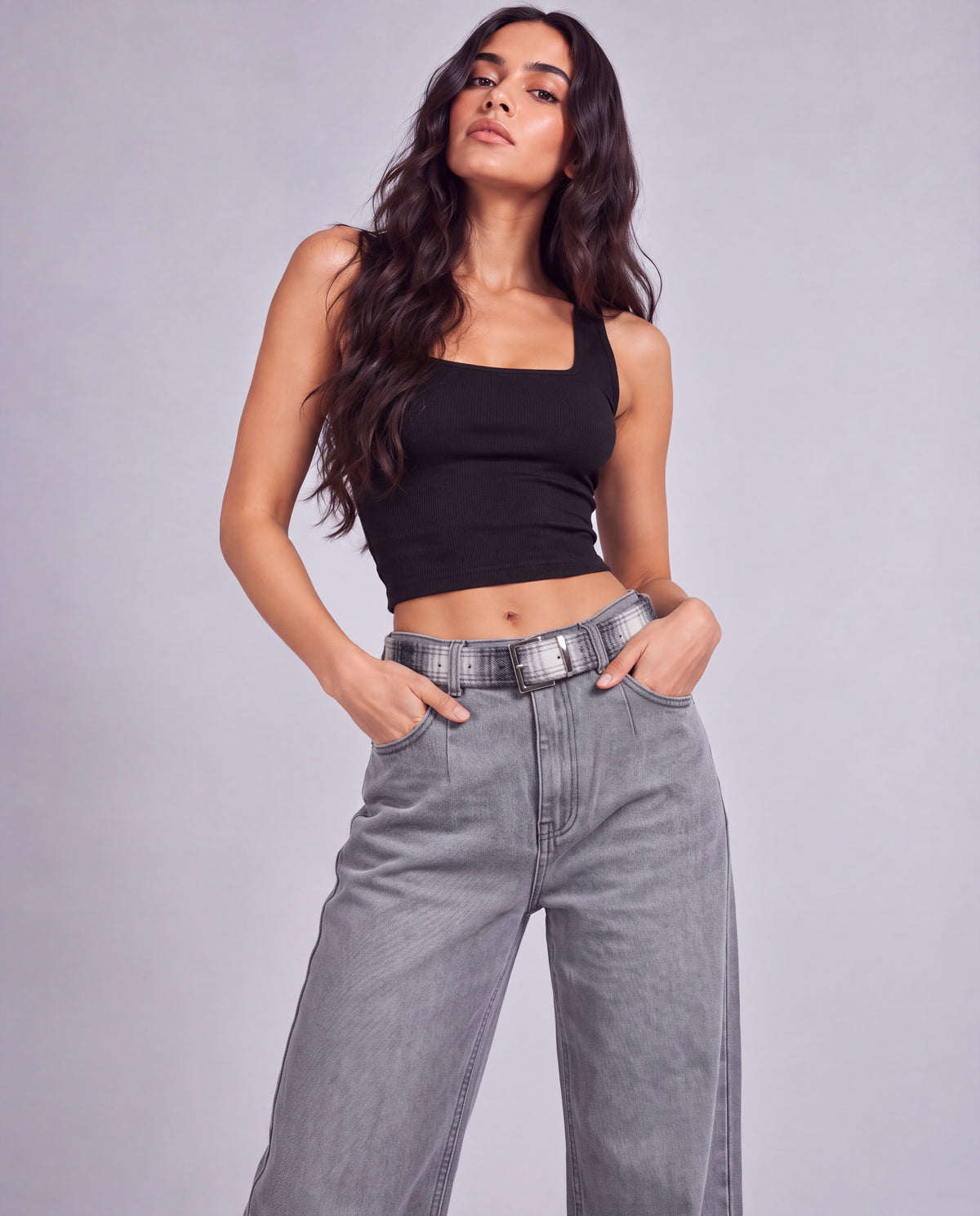 Check Belt Pleated Front Wide Leg Jeans