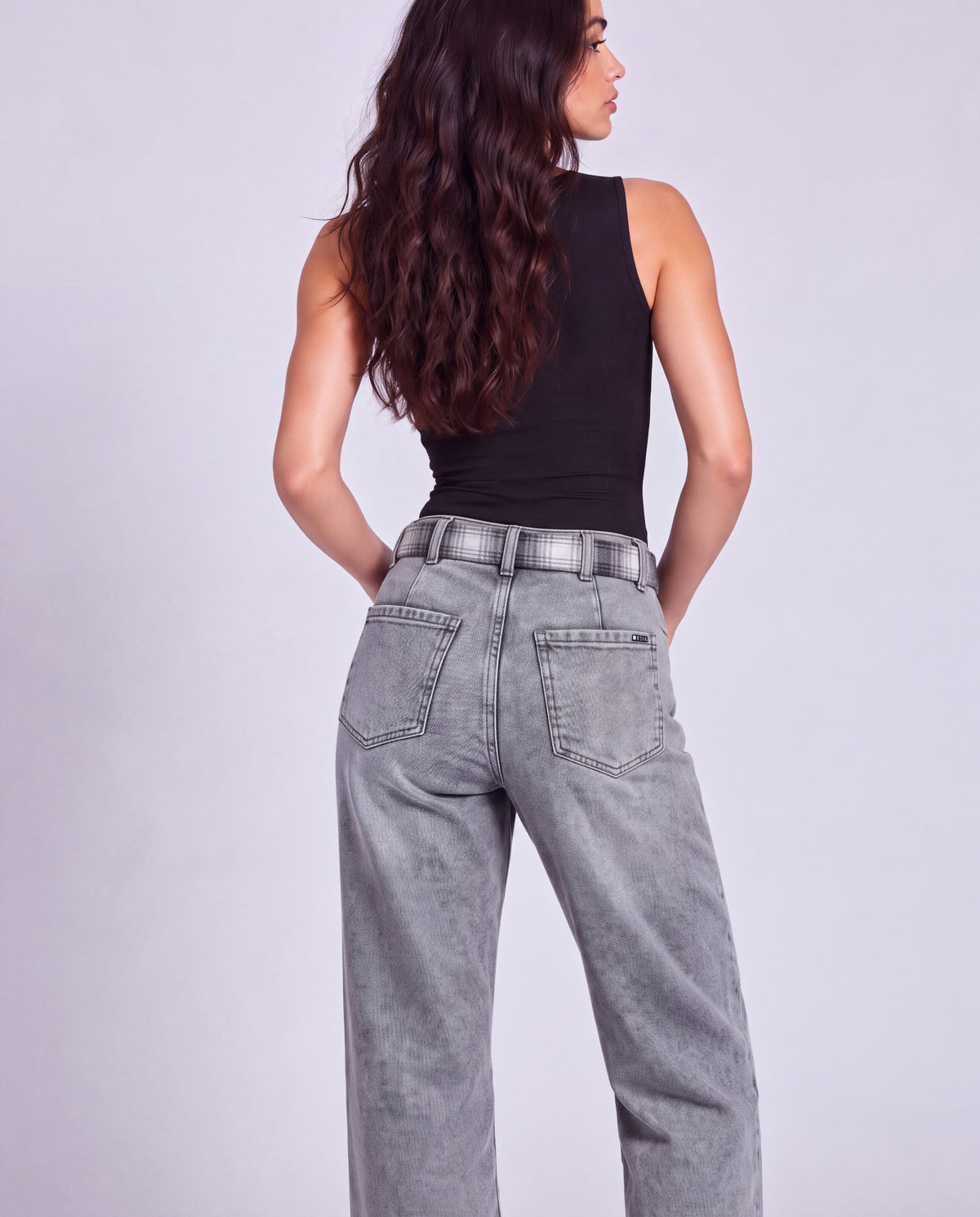 Check Belt Pleated Front Wide Leg Jeans