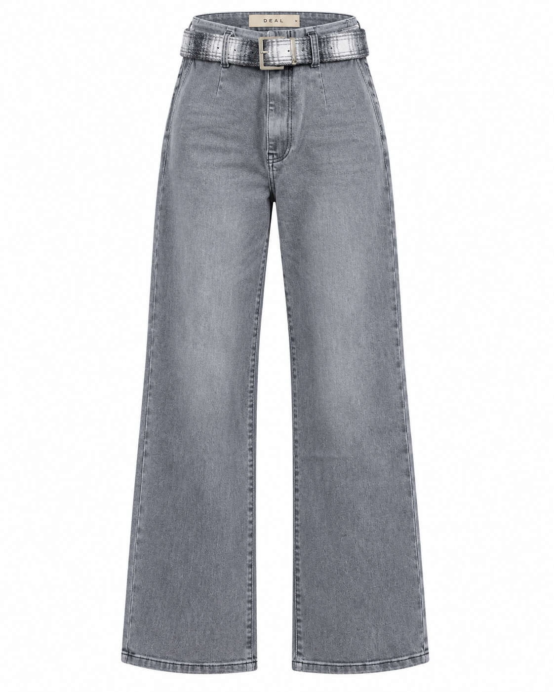 Check Belt Pleated Front Wide Leg Jeans