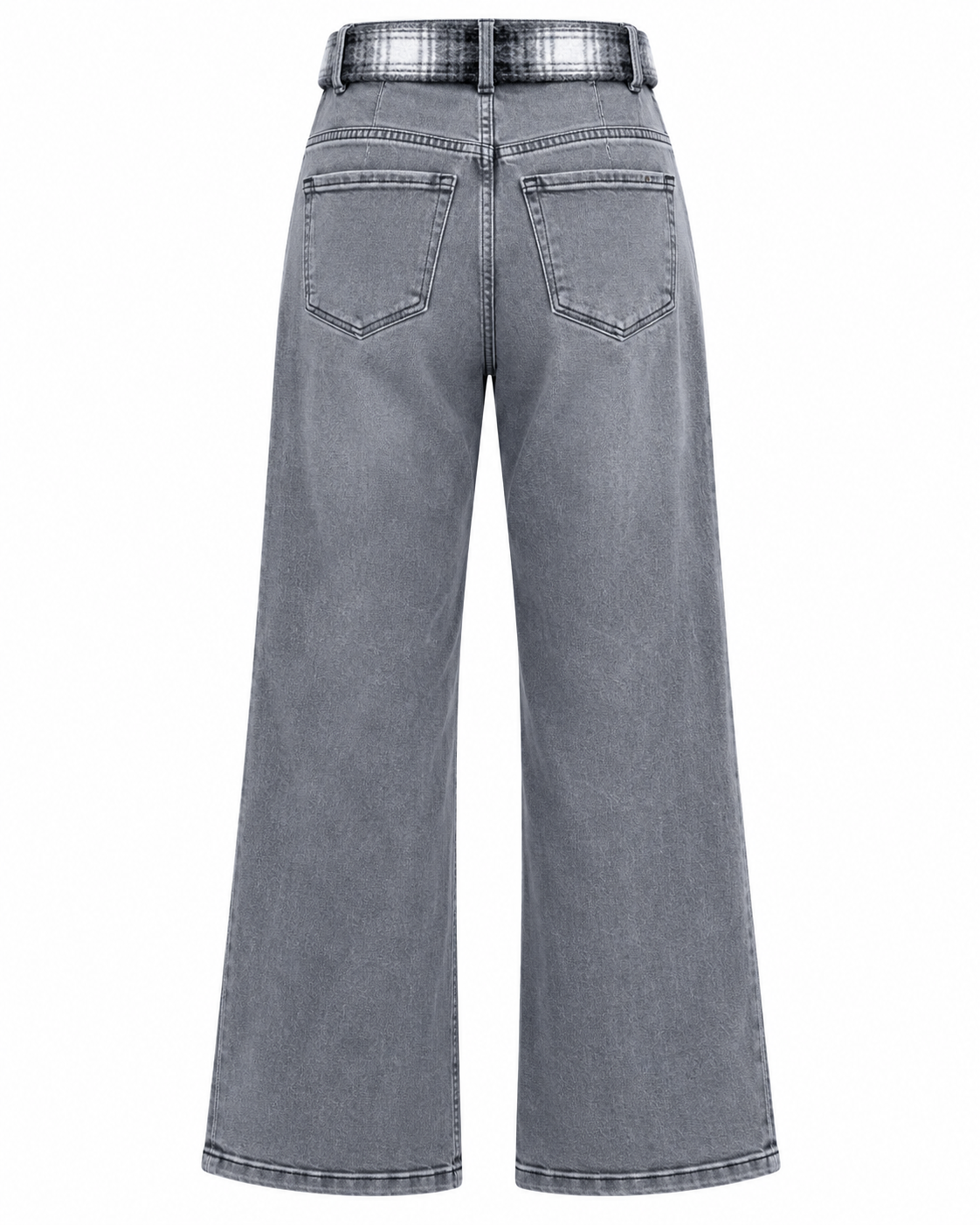 Check Belt Pleated Front Wide Leg Jeans