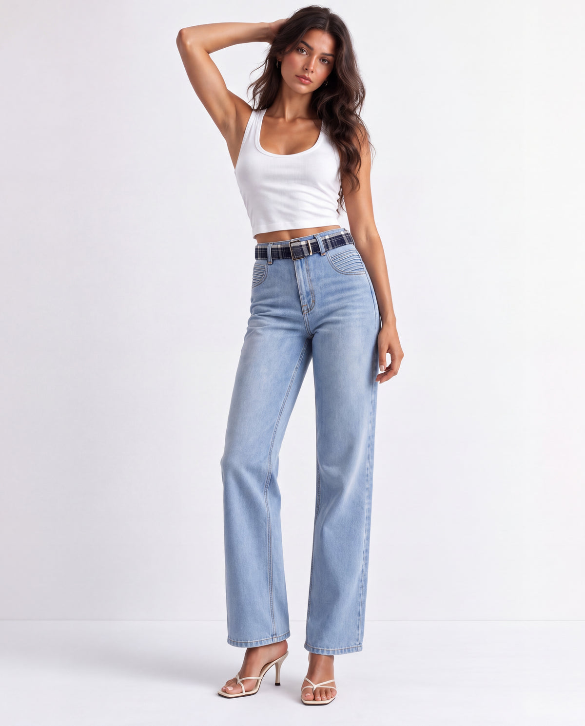 Pleated Wide Leg Dark Blue Jeans with Checked Belt