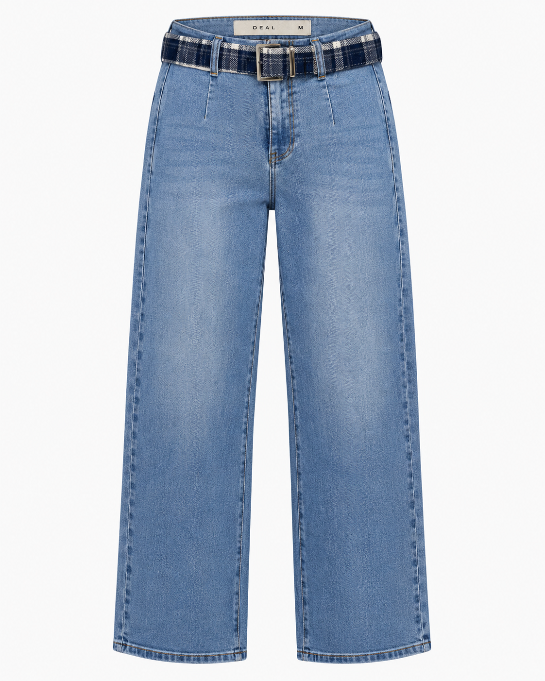 Pleated Wide Leg Dark Blue Jeans with Checked Belt
