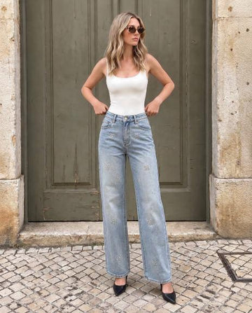 Rhinestone Flower Embellished Straight Leg Jeans