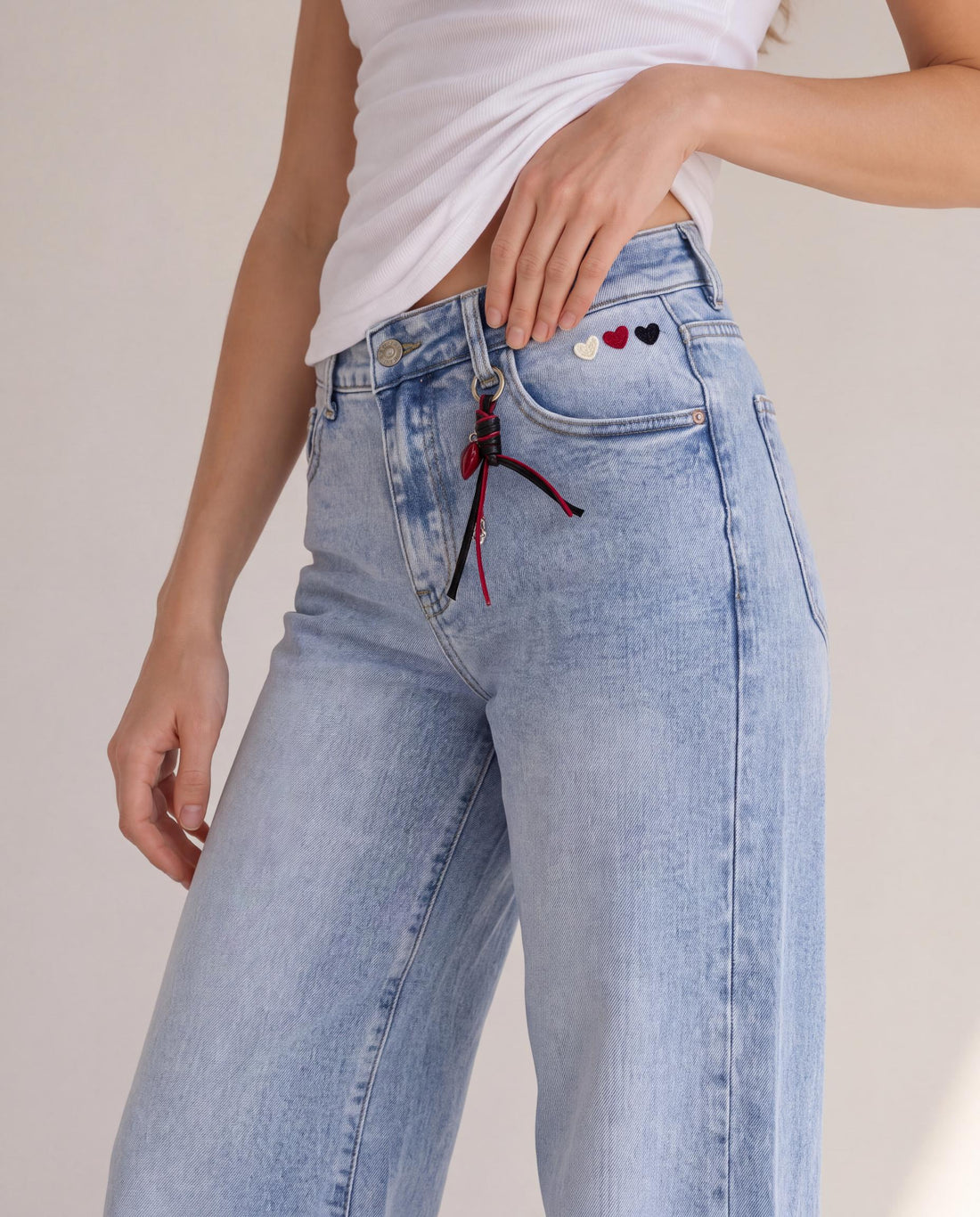 Heart Embroidered Straight Ankle Jeans with Charm