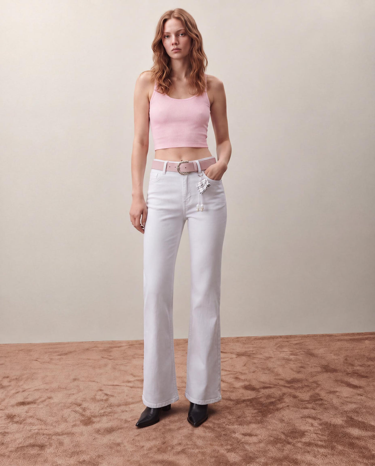 Belted Wide Leg Jeans with Bag Charm Detail