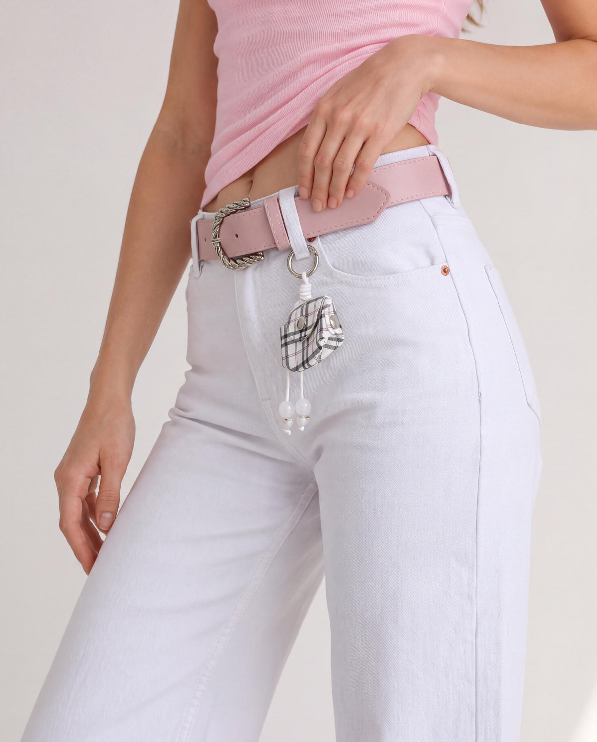 Belted Wide Leg Jeans with Bag Charm Detail