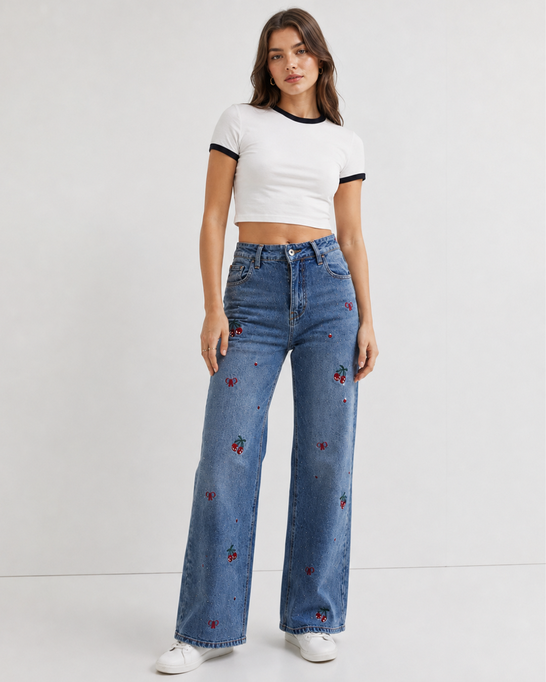 Women's Cherry Embellished Wide Leg Denim