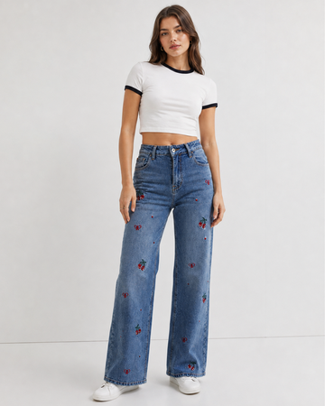 Women's Cherry Embellished Wide Leg Denim