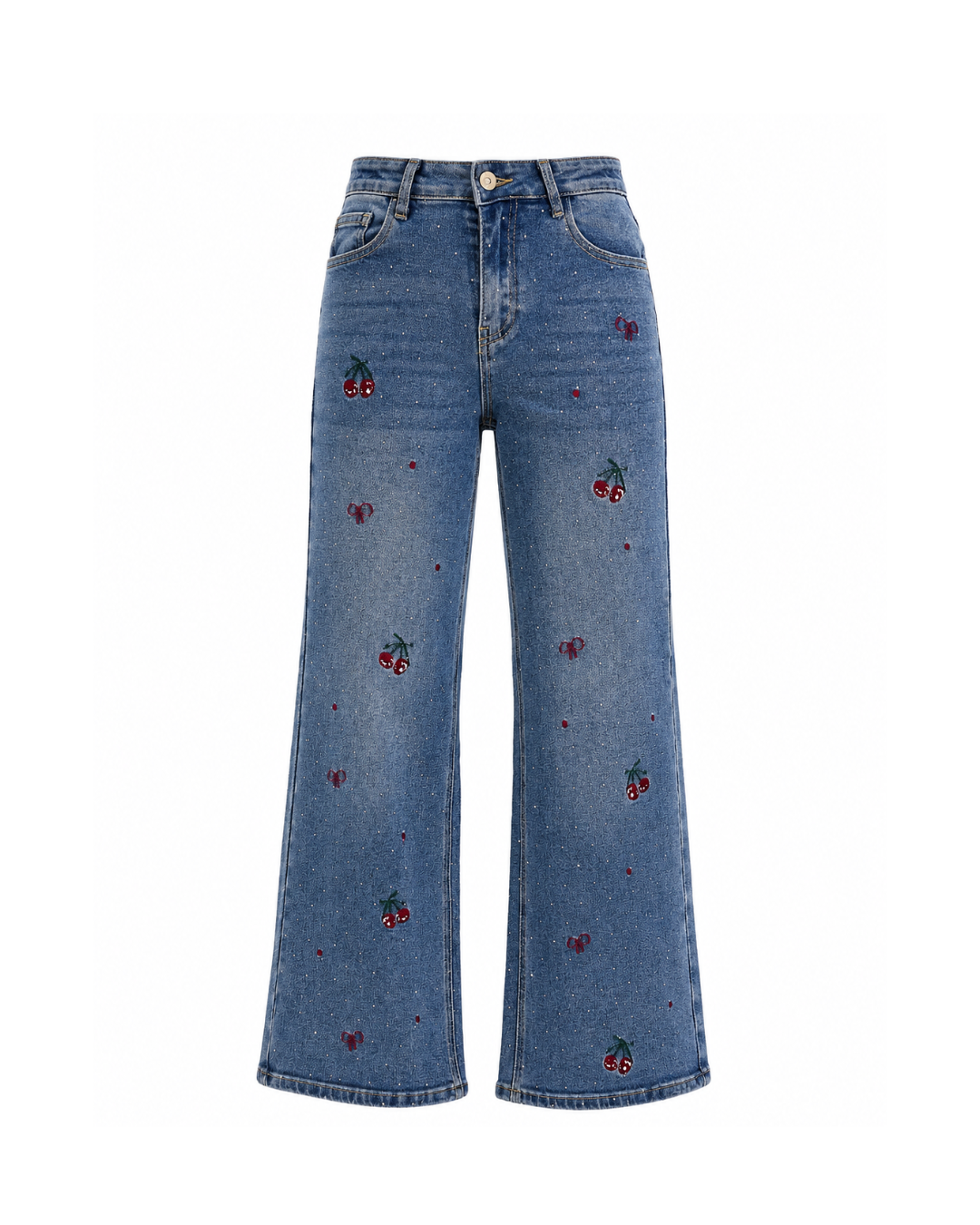 Women's Cherry Embellished Wide Leg Denim