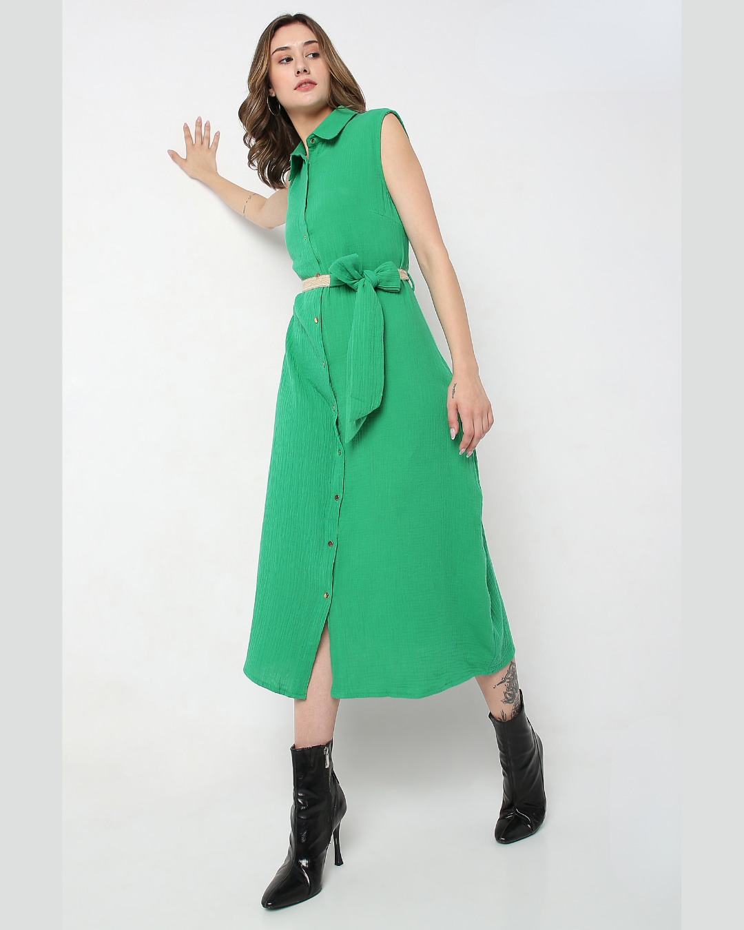 Sleeveless Shirt Collar Midi Dress