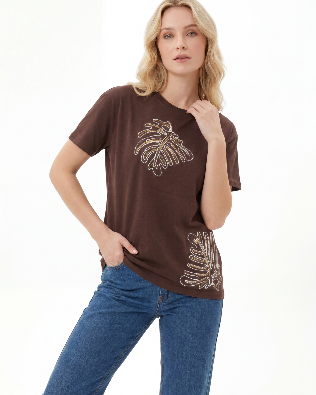 Leaf Embroidered Cotton T-shirt