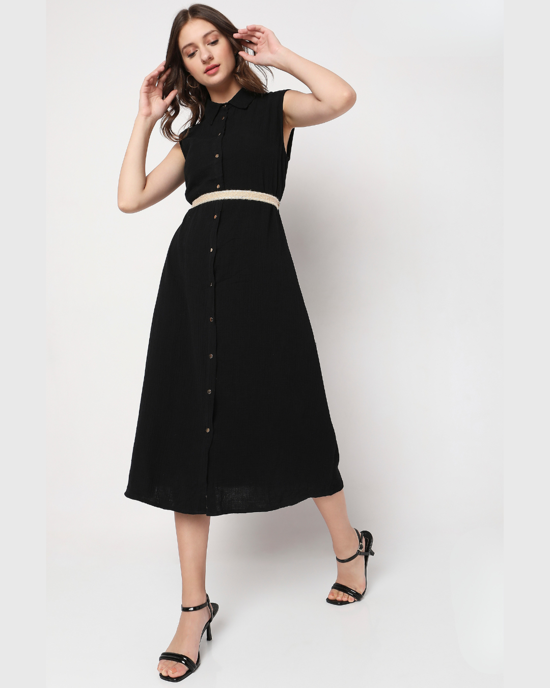 Sleeveless Shirt Collar Midi Dress